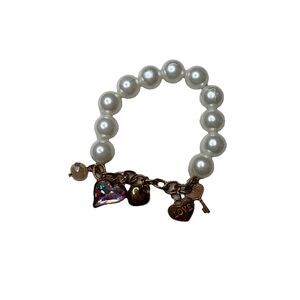 Vintage Style Pearl Charm Bracelet Chunky Heart Key Copper Tone Stretch